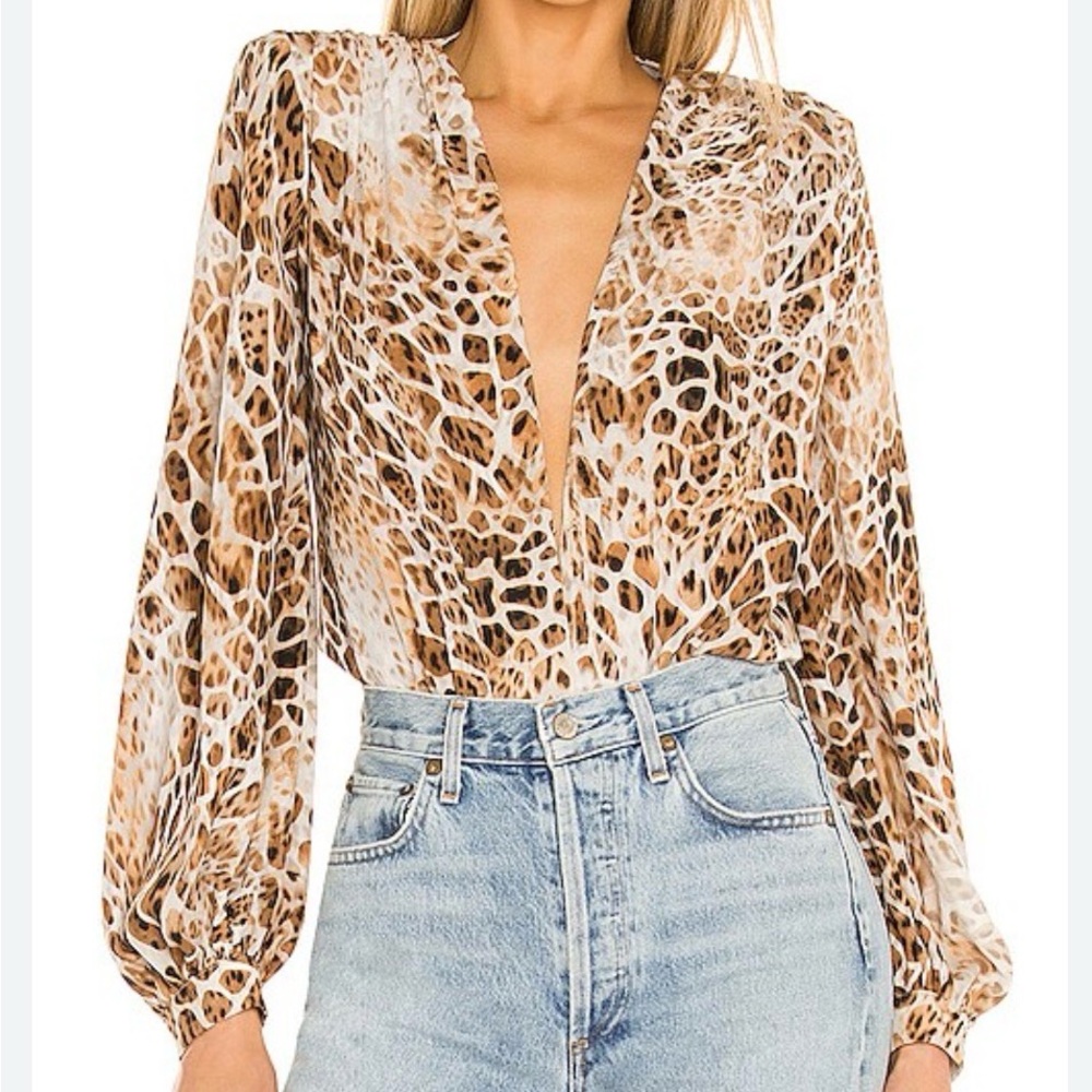Revolve Bronx and Branco Animal Print Brown Button-Front Bodysuit Top